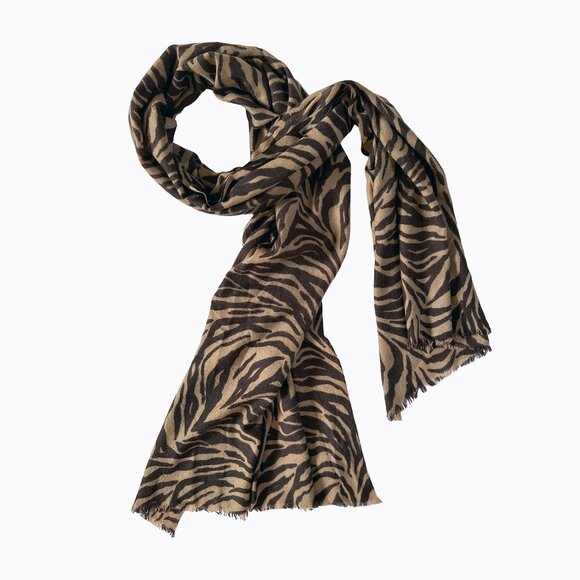 Yarnz NY 100% Cashmere Blanket Scarf Wrap Chocolate Brown Contrast Zebra Animal - Picture 2 of 11